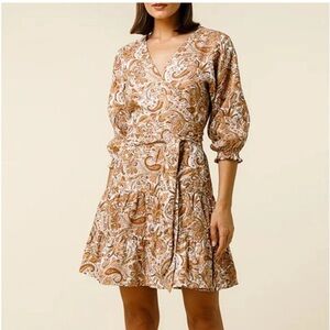 LUSANA Floral Paisley Wrap Mini Linen Dress